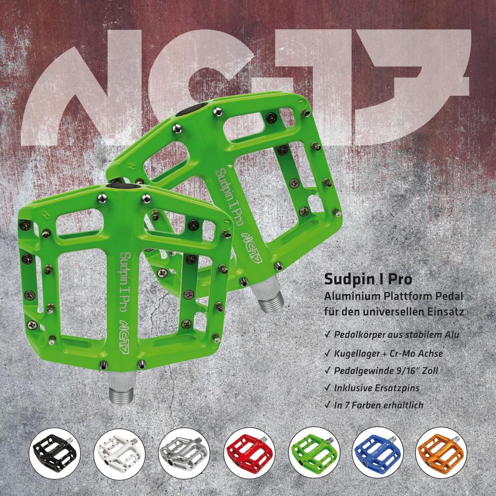 NC-17 Sudpin I Pro - Pedale in alluminio per bicicletta, MTB, mountain bike, BMX, cuscinetti a sfera + asse Cr-Mo, con perni di ricambio, colori assortiti