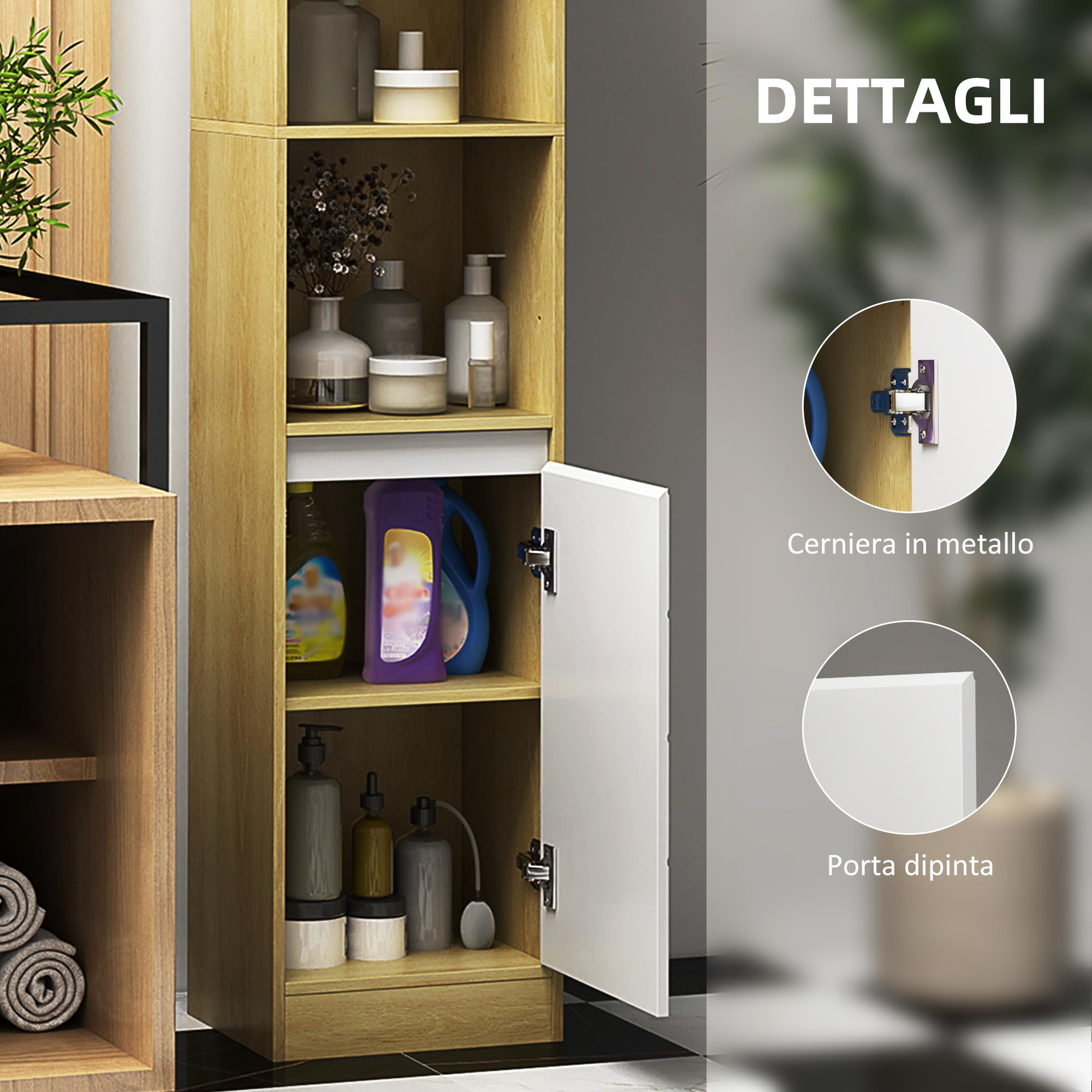HOMCOM Mobiletto Salvaspazio per Bagno in Legno, Mobile da Bagno con 2 Armadietti e Ripiani Regolabili, Design a Colonna, 30x24x170 cm, Rovere e Bianco