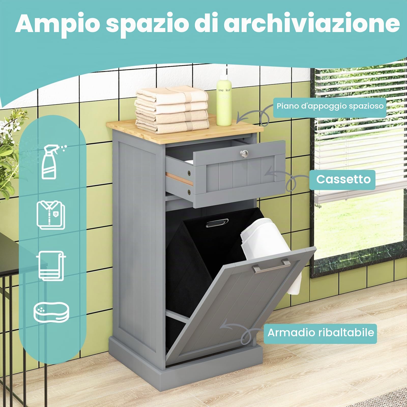 LIFEZEAL Cesto Portabiancheria, 32L, Portabiancheria Sporca, in Legno, Porta Biancheria Sporca per Bagno, con Cassetto e Sacco Rimovibile in Tessuto, Portabiancheria Salvaspazio, 40x37x82cm (grigio)