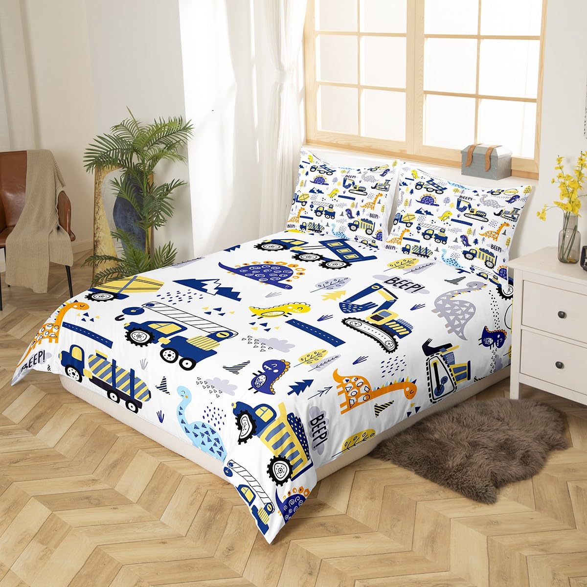 Cartoon Car Bedding Sets for Boys Full Size Toddler Kids Construction Dinosaur Duvet Cover Equipment Trucks Comforter Cover Cute Vehicles Kawaii Jungle Dino Quilt Cover Decor,Yellow Blue