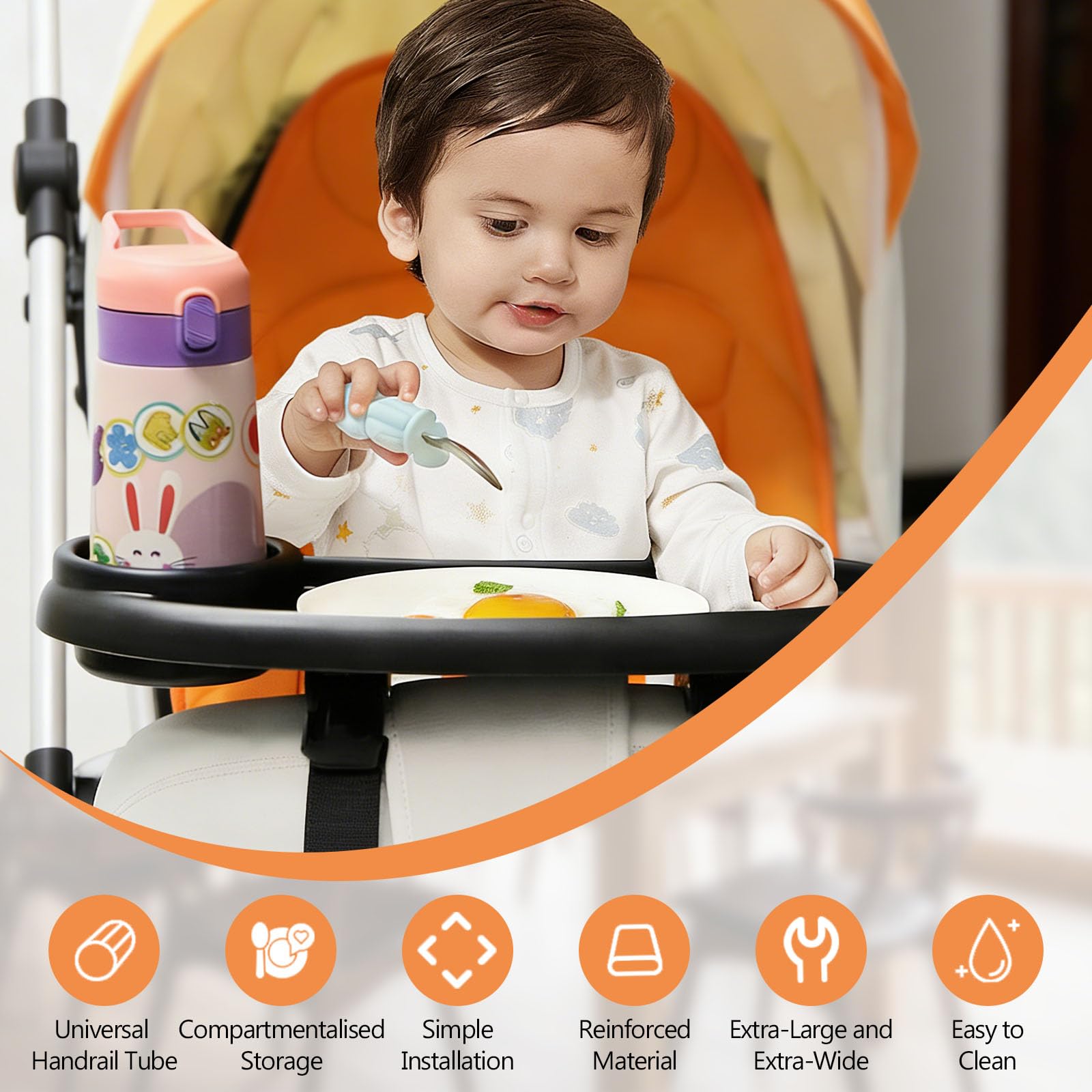 Bandeja para Cochecito de Bebe, 3 en 1 Bandeja para Carrito Bebe para Aperitivos, Organizador de Cochecito con 2 Ganchos, Giratorio 360° Soporte para Cochecitos Bebe, Portabebidas para Carrito
