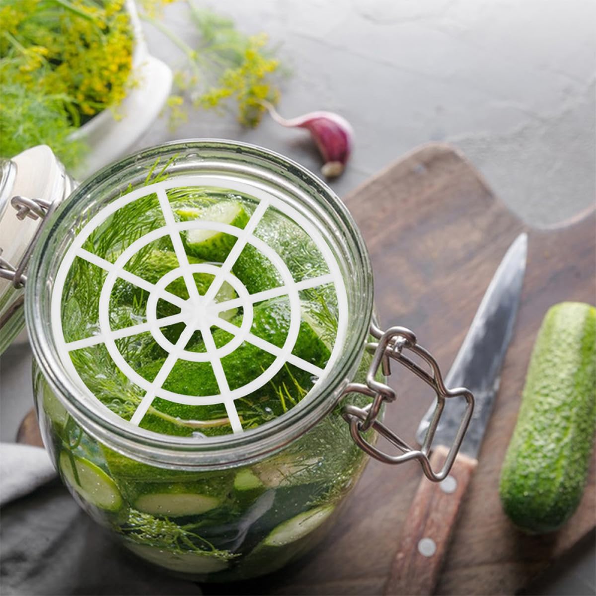 Pressa per Verdure Fermentate in Plastica Bianca, Strumento di Fermentazione Domestica per Sottaceti e Crauti, Griglia a Maglie Piccole 7,9 Cm, Utensile per Salamoia e Produzione