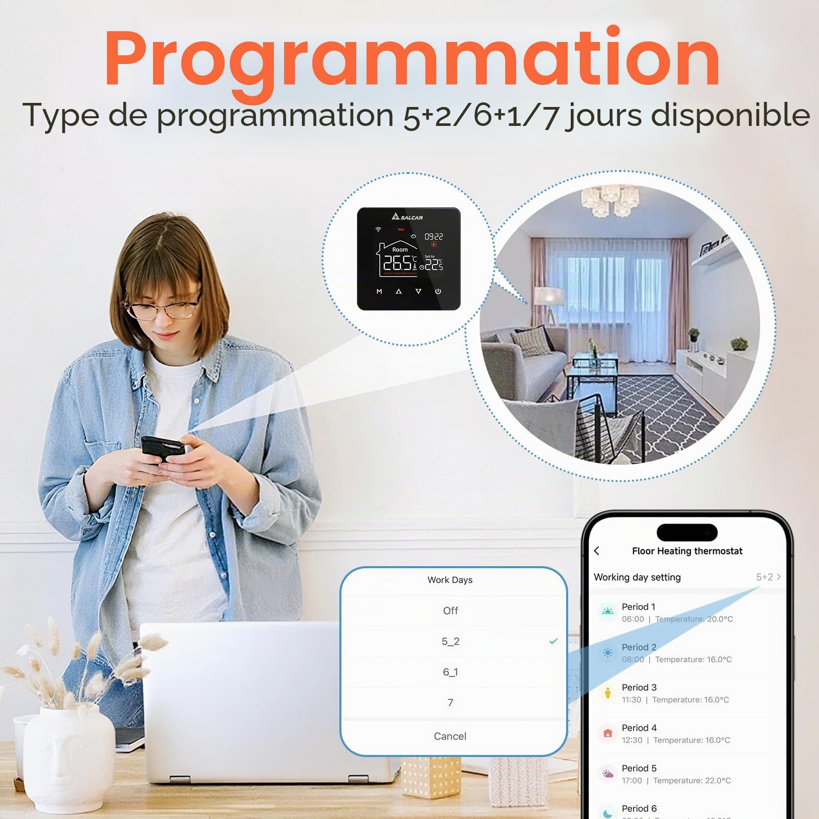 SALCAR Thermostat WiFi Intelligent pour Chauffage au Sol - LCD programmable - Thermostat d'ambiance - Chauffe-Eau Wi-FI - Chauffage numérique - Compatible avec Alex Google Home 3A