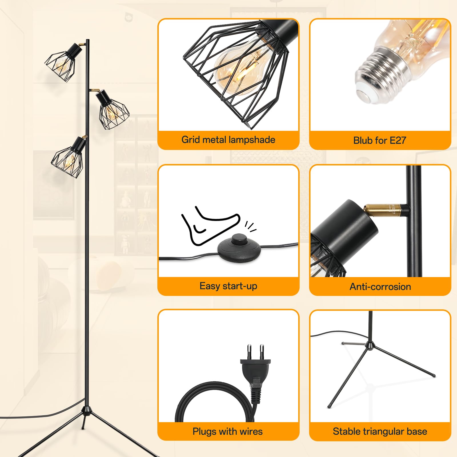 Lámpara de Pie Salón LED Modernas Lámpara de Pie Lectura Industriales Regulables Negra E27 Lámpara de Pie Vintage con 3 Luces y Trípode Lámpara de Pie Alta para Sala de Estar y Dormitorio