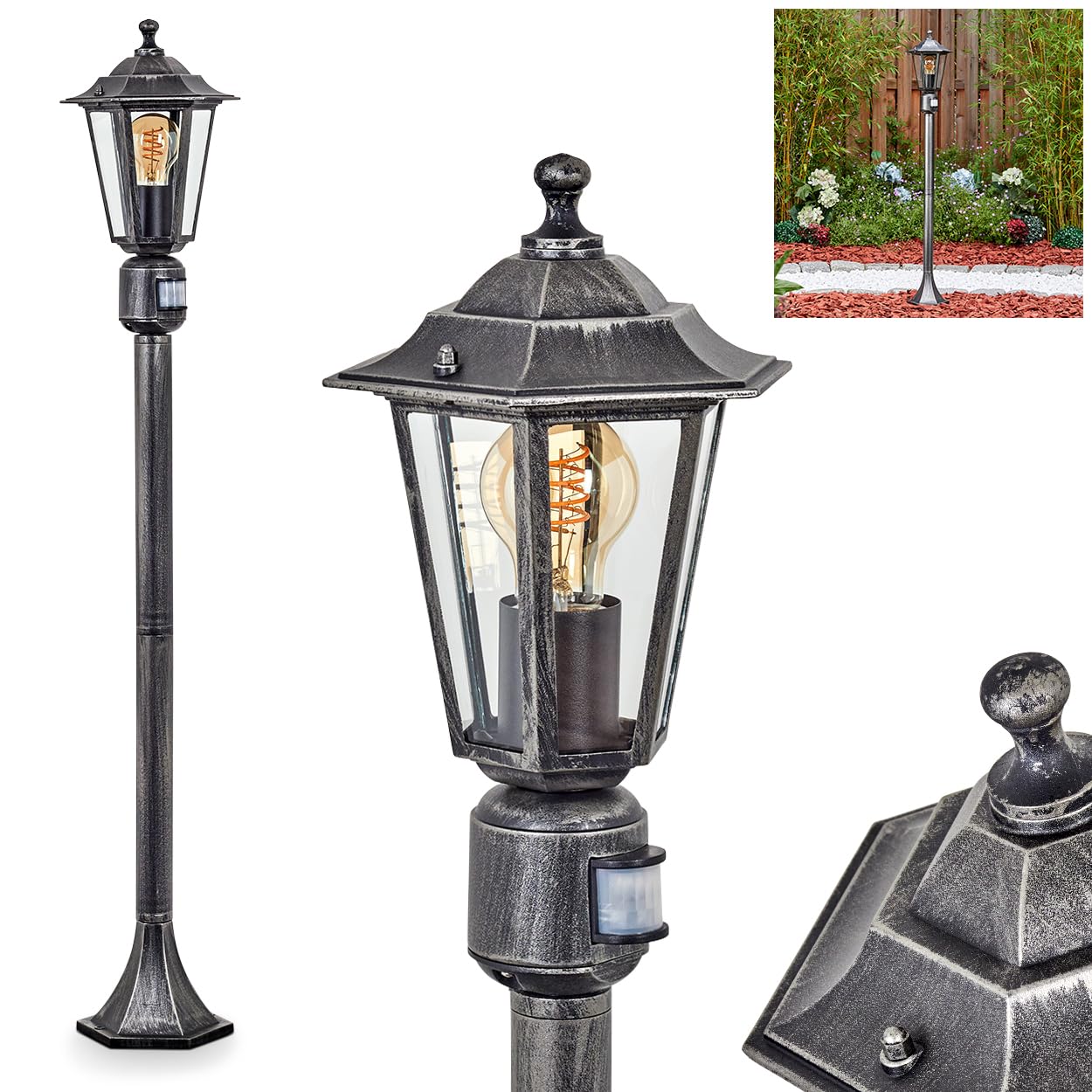 HOFSTEIN Lampa zewnętrzna Loria, lampa drogowa z czujnikiem ruchu z metalu/szkła w kolorze czarno-srebrnym/przezroczystym, lampa zewnętrzna o wyglądzie antycznym, wysokość 107 cm, oświetlenie ogrodowe