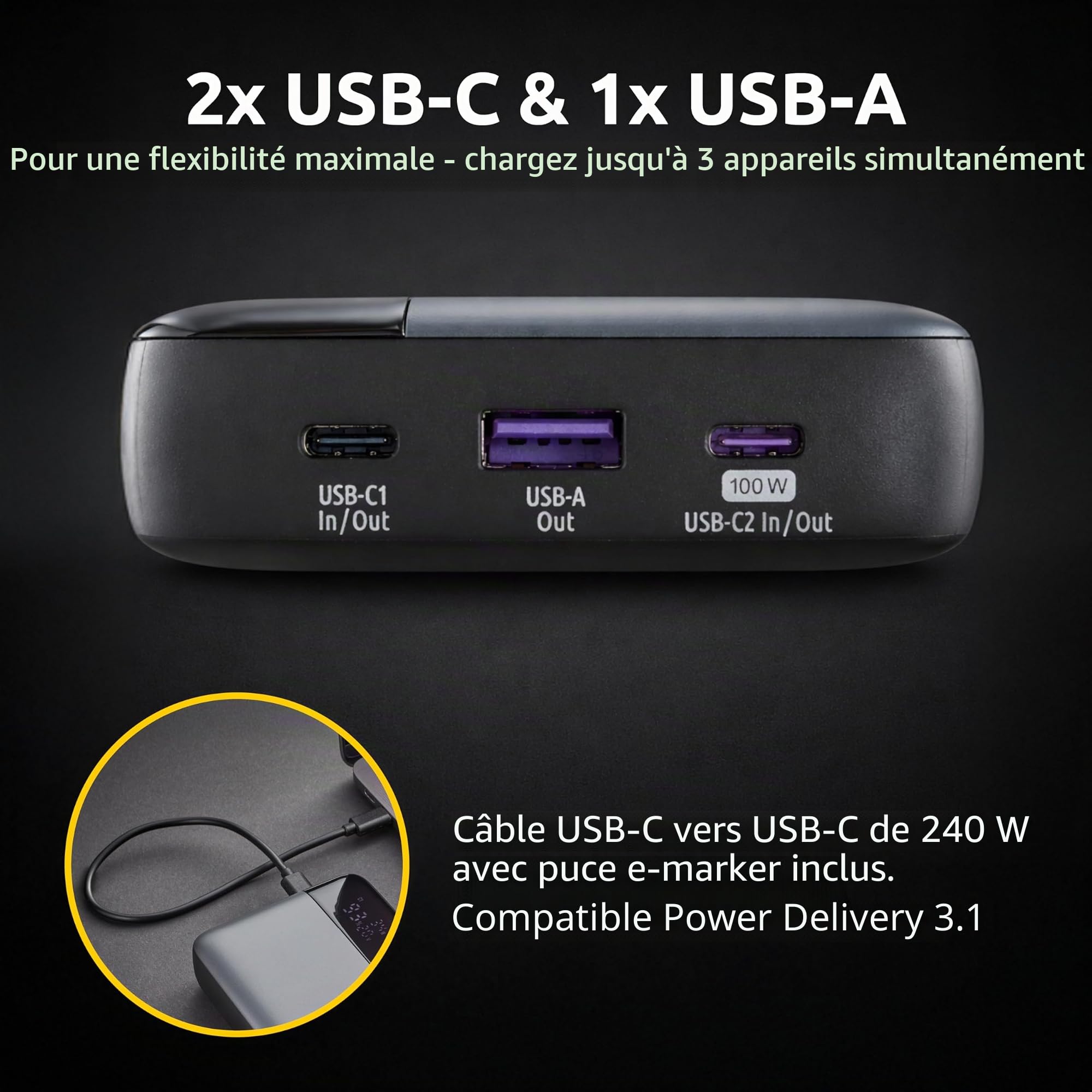 Intenso Powerbank HE20000 Batterie Externe avec Power Delivery (100 W) et câble de Charge USB-C vers USB-C, 20 000 mAh, Gris/Noir