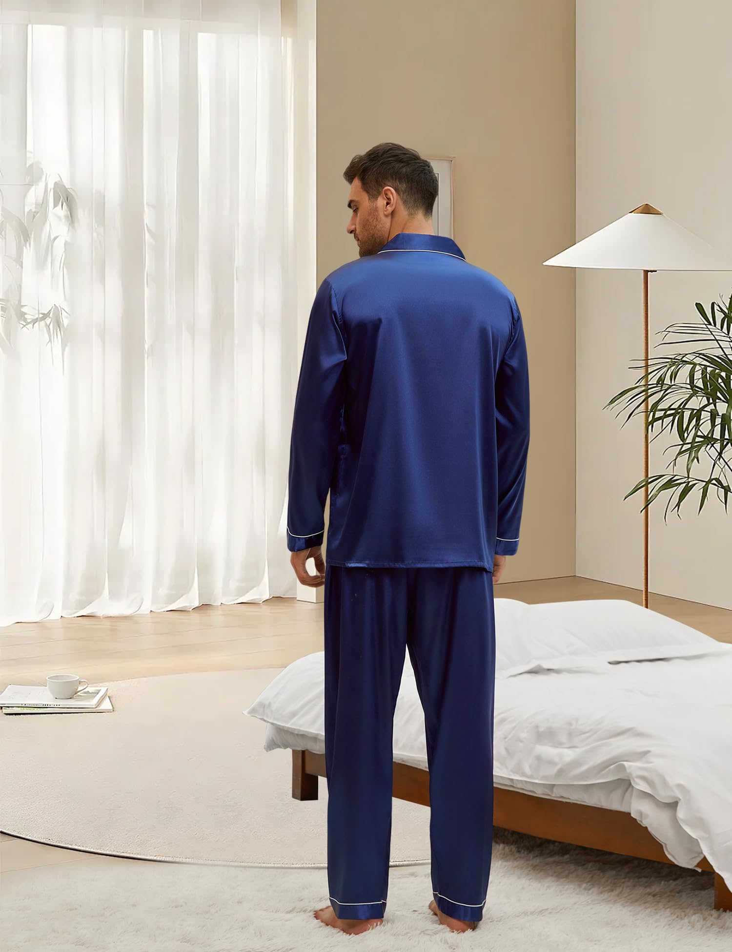 Pigiami Due Pezzi da Uomo Pigiama Raso con Bottoni Set Pigiama Top a Maniche Lunghe con Tasche, Pantaloni Pigiama Uomo Classic Loungewear
