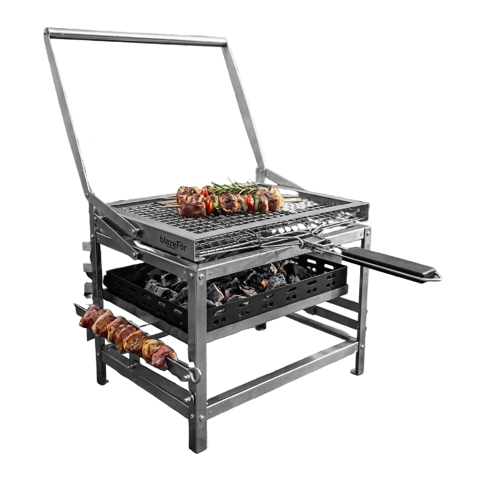 Barbecue a Carbone Girevole 180° Inox Portatile per Giardino e Campeggio | Griglia Ribaltabile a 180° con Manovella, Braciere Regolabile in Altezza, Pinza per Carne Inclusa, Facile da Montare