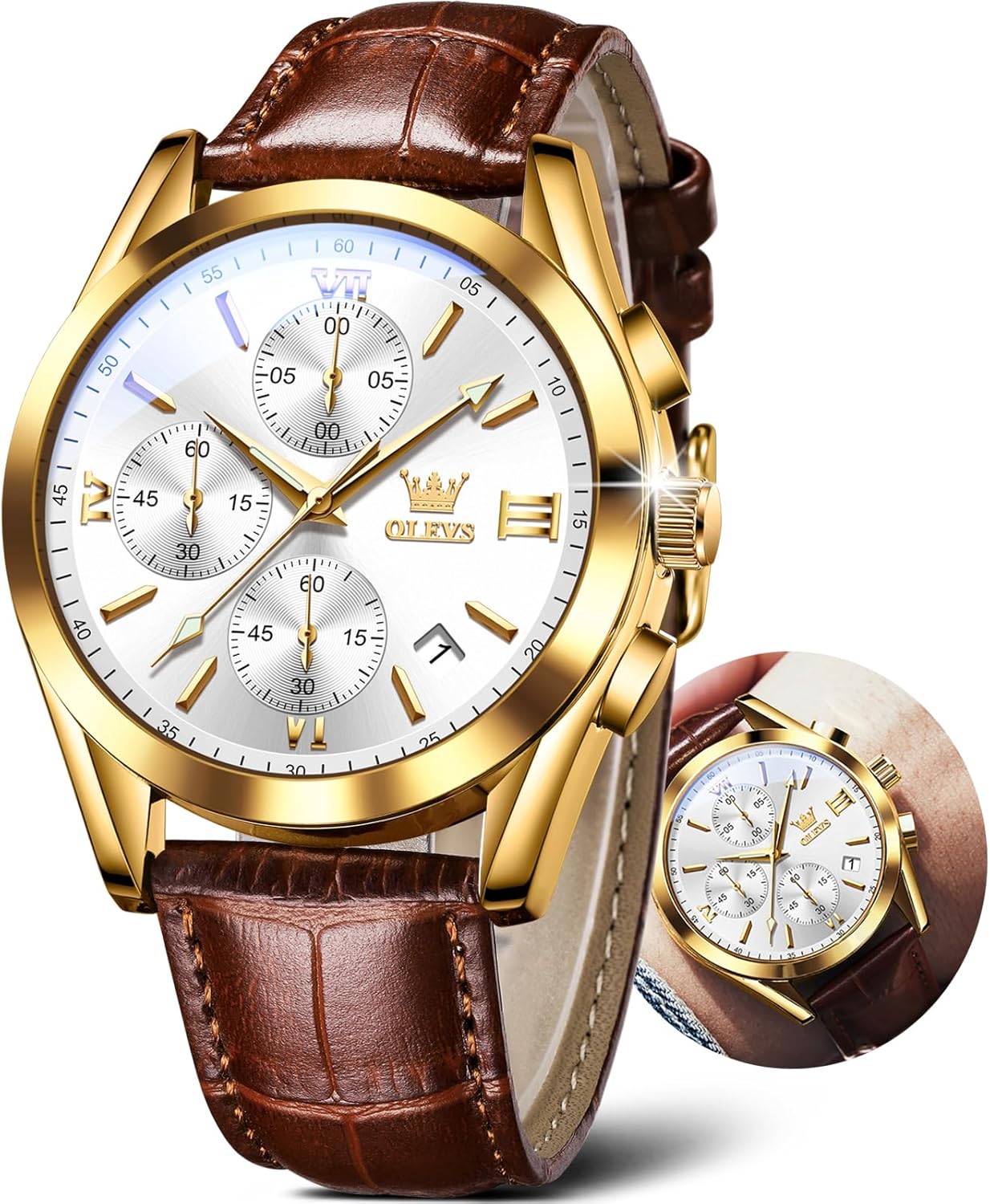 OLEVS Men's Watches Brown Leather with Date,Casual Watches for Men,Large Face Watches Men,Chronograph Mens Watch,Sport Waterproof Business Dress Analog Quartz Men's Wrist Watches Reloj De Hombre