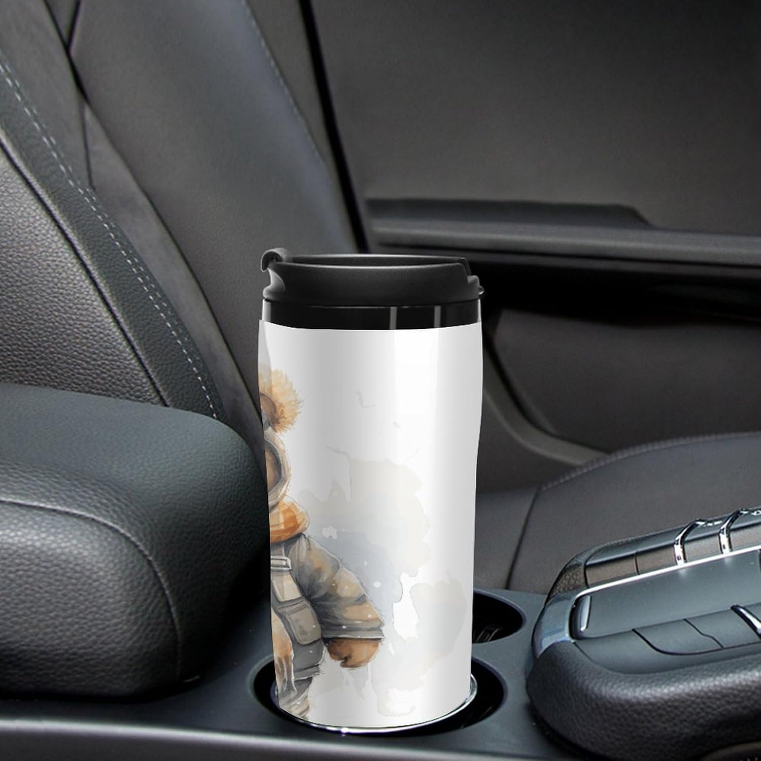 Cute Bear Coffee Cup Reusable Portable Water Bottle with Double-Walled Plastic,Coffee Mug for Hot & Cold Drinks, Cup Holder Friendly 350ml