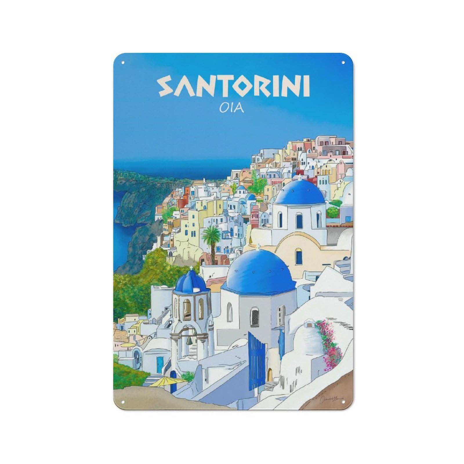 Junmoney Style-8 Santorini Oia Greece Travel Illustration Decorative Metal Plaque 30X20cm, Loft Style Urban Room Decor For Flat, Bar, Studio Or Gallery Wall