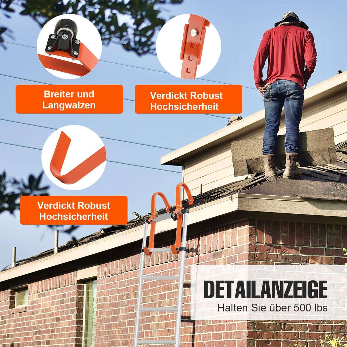 2 Stuks Ladderdakhaak, 150kg Laadvermogen Heavy Duty Ladderhaken met Wiel Verlenging Ladderstabilisator Rubberen Handgreep T-balk, voor Schadepreventie, Eenvoudige Installatie
