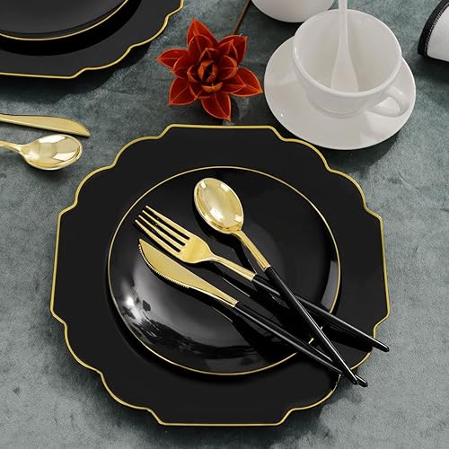 Miniatura 5 de Supernal El juego de vajilla de plástico dorado de 150 piezas incluye platos desechables negros resistentes, cubiertos de plástico negro y dorado