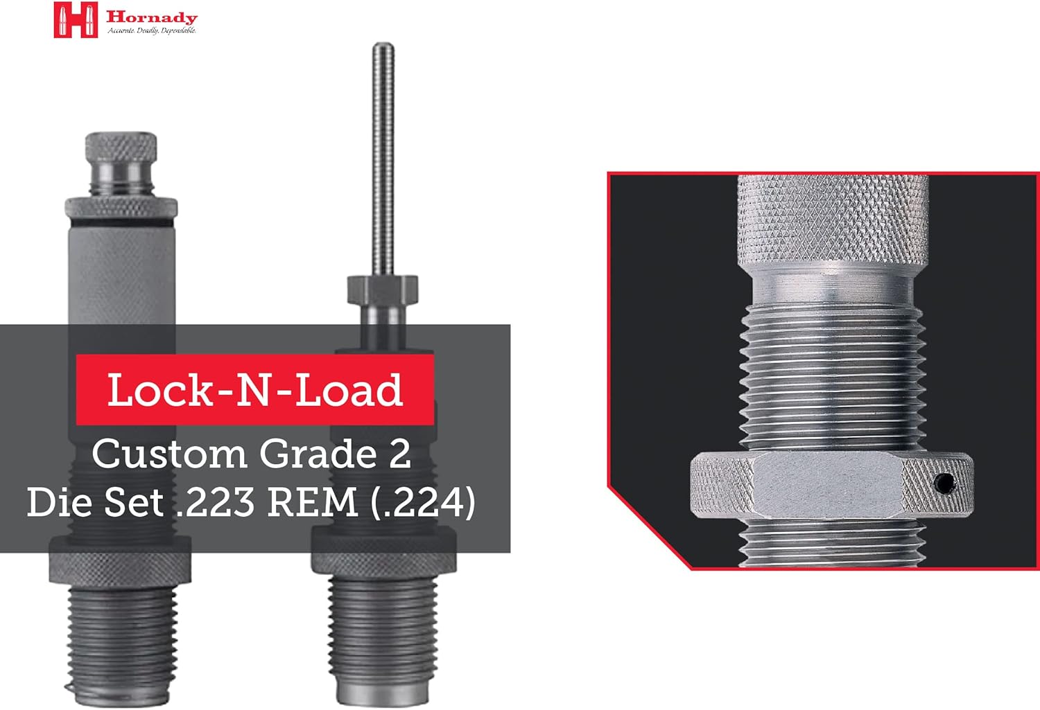 Hornady Custom Grade New Dimension 2-Die Set, 223 REM (.224) (546228) - Caliber Specific Reloading Equipment for Handloaders with Full Length Sizer Die, Seating Die, Sure-Loc Rings, & Storage Box