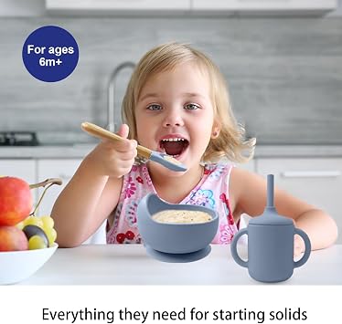 Silicone Baby Feeding Set 14 Pcs,Baby Led Weaning Supplies, Baby Spoons Suction Bowl Divided Plate Bib Cup Finger Brush,First Stage Solid Food Eating Utensils - 6+ Months(Blue Gray) | Self-Feeding Utensils, Divided Plate, Suction Bowl, Bib, Cup, Finger Brush, Training Spoons, Microwave and Dishwasher Safe