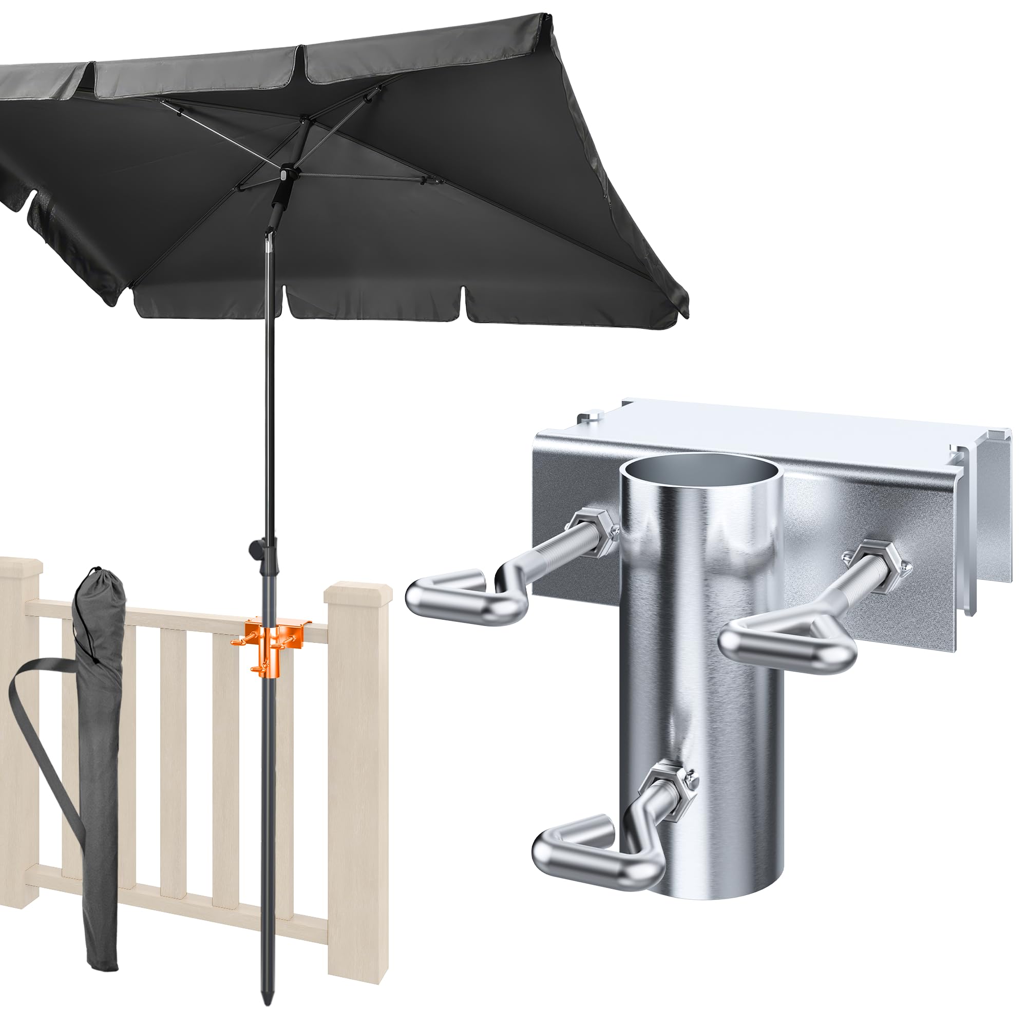 4smile Sonnenschirm Balkon SunnyShade 3-in-1 SET in kühlem Anthrazit - UPF 50+ Sonnenschirm rechteckig 200 x 125 cm + Sonnenschirmhalter für quadratische Balkongeländer + Sonnenschirmhülle