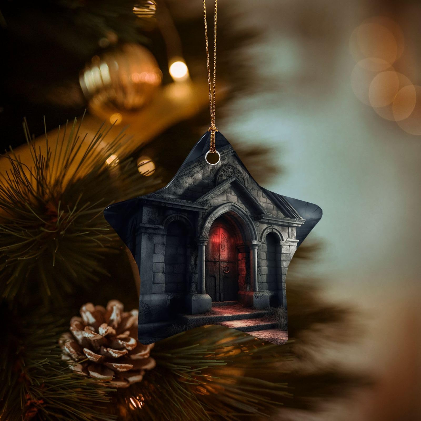 Christmas Tree Ornaments Ceramics Christmas Decorations Old Crypt Ornaments with Gold Ribbon Porcelain Xmas Tree Crafts Star Shape Hanging Pendant for Christmas Tree Party Decor