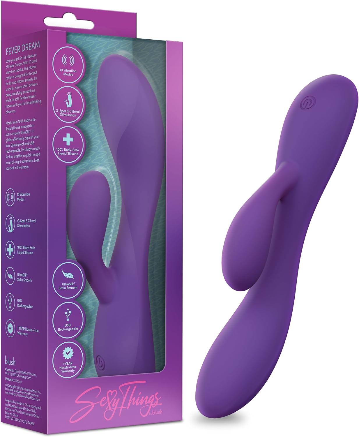 Blush Sexy Things 7.75" Fever Dream Rabbit Vibrator - Dual Motor Bunny Curved G-Spot Clitoral Nipple Teaser - 10 Vibe Modes - Chargeable Luxury Adult Sex Toy Women & Couples Body Stimulator - Purple