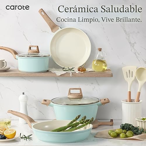 Miniatura 6 de CAROTE Juego de ollas y sartenes de cerámica de 21 piezas, juego de utensilios de cocina antiadherente para inducción, saludable no tóxico, libre de