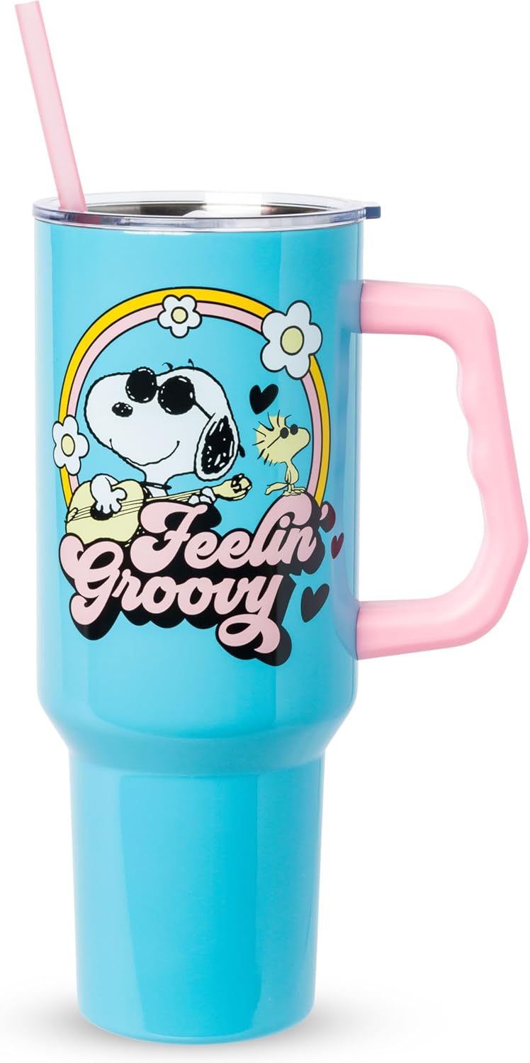Silver Buffalo Peanuts Featuring Snoopy and Woodstock Feelin' Groovy Double Walled Stainless Steel Tumbler with Handle and Straw, Fits in Standard Cup Holder, 40 Ounces