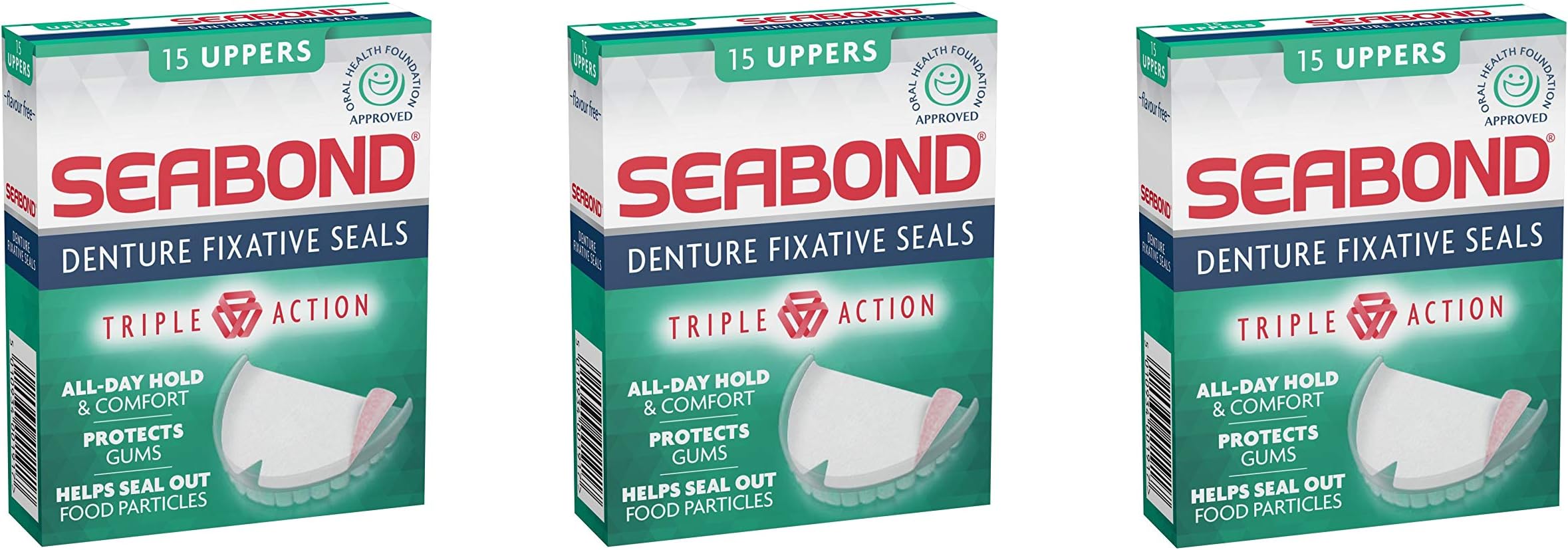 THREE PACKS of Seabond Denture Fixative Uppers