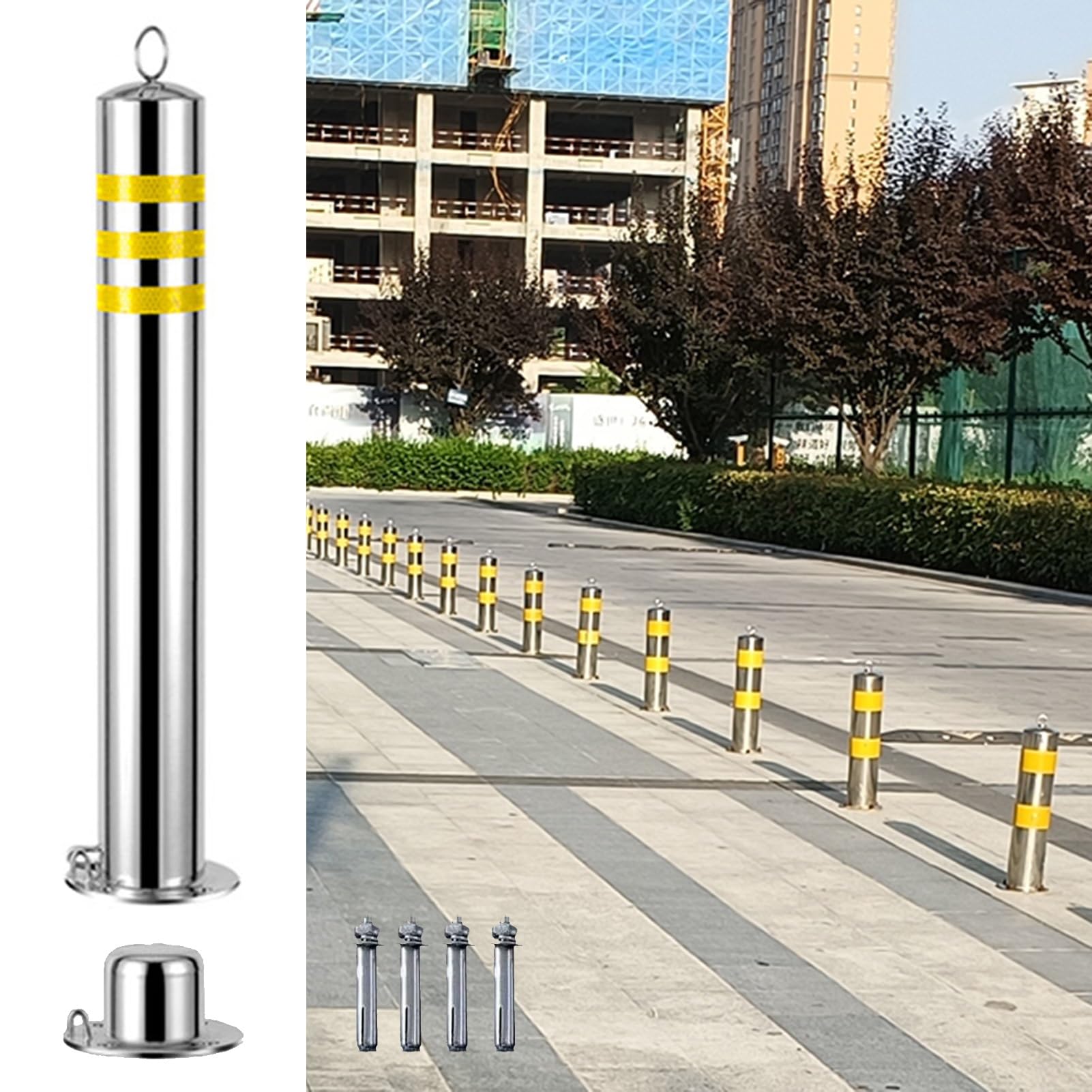 AYCDL parking barrier, Bollard Post Barrier with Lock, Stainless Steel Pipe Parking Bollards, Reflective Traffic Delineator Cones for Driveway,1pc,7.6 x 75cm,1pc-7.6 x 75cm (3 x 29 1/2in)