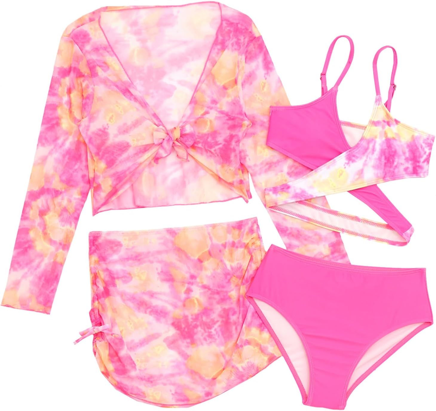 Kaerm Kids Girls Tie Dye Print Swimsuit Beachwear Bikini Set with Cover Up Outfits Pool Bathing Suit
