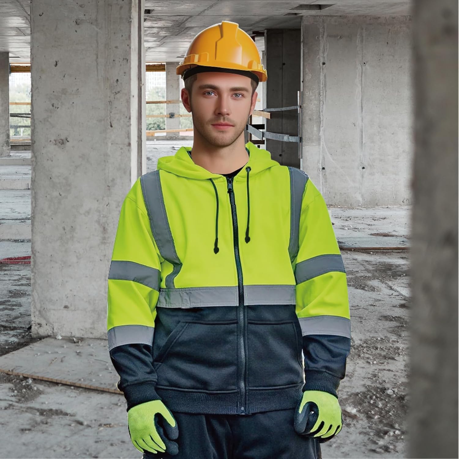 High Visibility Hoodie for Men, Class 3 Reflective Zippered Hoodie Sweatshirt, Construction Work Safety Jacket - Image 2
