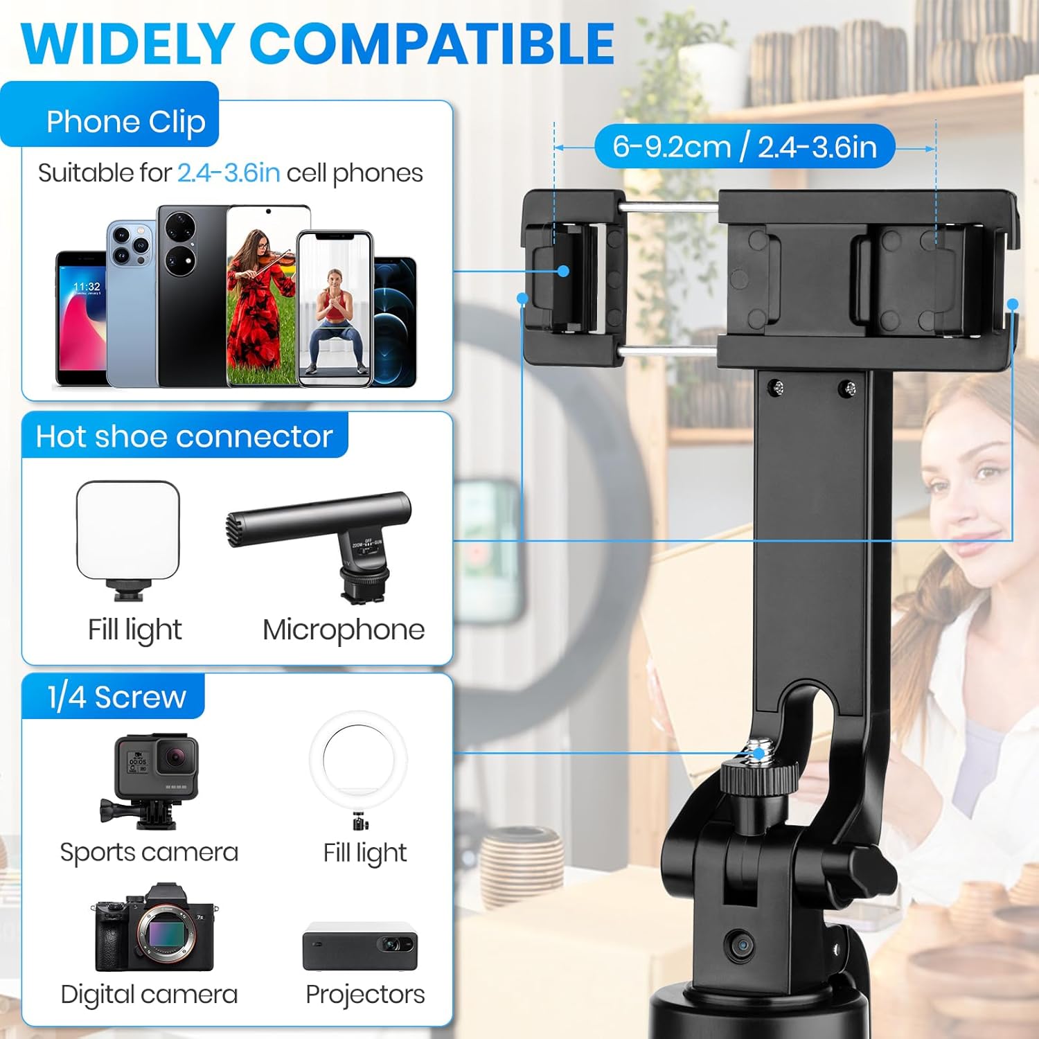 Auto Face Tracking Tripod 360°Rotation Rechargeable Phone Tripod Stand 70" Extendable Smart Shooting Phone Stand with Remote and Gesture Control, No App, for iPhone Vlog Live Video Recording.
