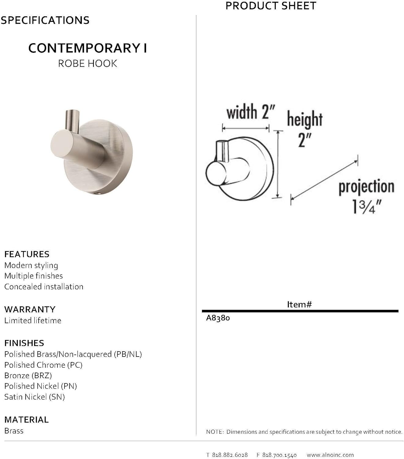 Alno A8380-SN Contemporary I Modern Robe Hooks, Satin Nickel