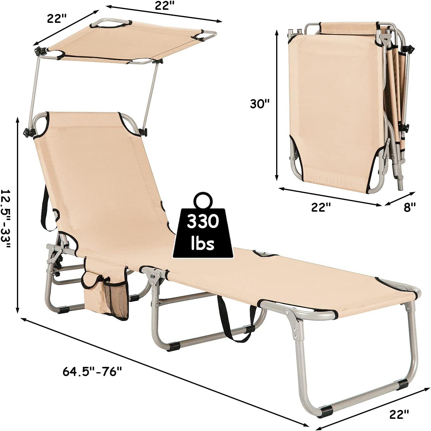 GYMAX Lounge Chair Outdoor with Canopy, 330LBS Portable Tanning Chair with Adjustable Backrest, Carry Straps & Side Pockets, Sunbathing Beach Chairs for Outside, Patio, Poolside, Backyard (1, Beige)