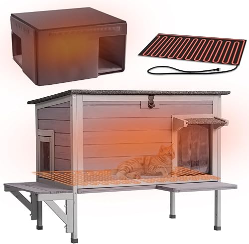 GUTINNEEN - Casa para gatos con calefacción con cable aislado anti-mordedura, casa para gatos al aire libre resistente a la intemperie con forro,