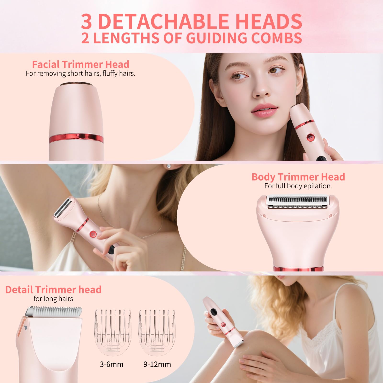 Cozary Rasoio Elettrico Donna,3 In 1 Depilatore Corpo,Rasoio Elettrico Impermeabile,Rasoio Intimo a Secco e Bagnato,Rasoio Parti Intime Donna per Viso, Corpo, Soprocciglia e Inguine