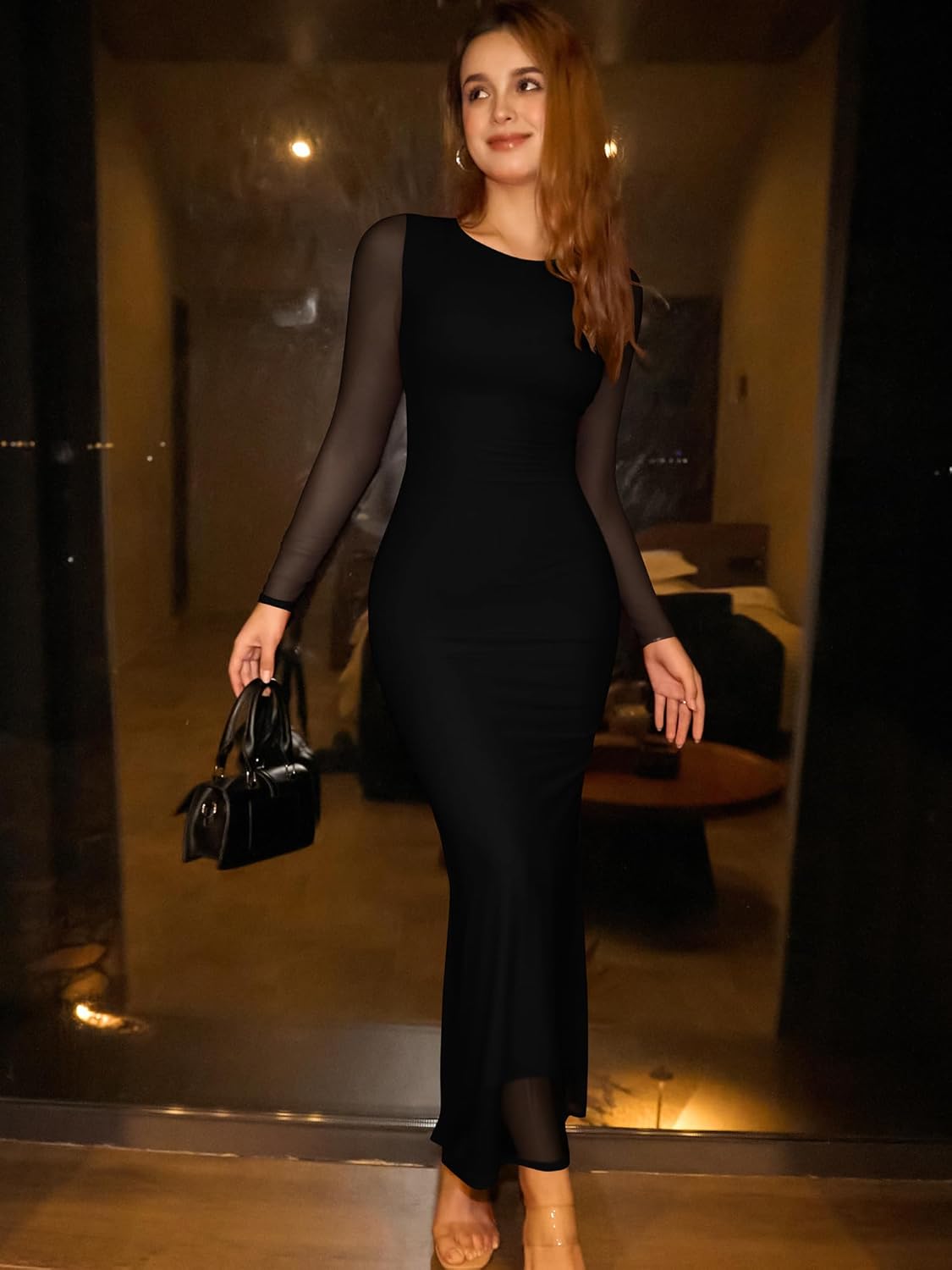 DAAWENXI Women's Fall Long Sleeve Midi Dress Mesh Square Neck Ruched Bodycon Wedding Guest Party Dresses - Image 2