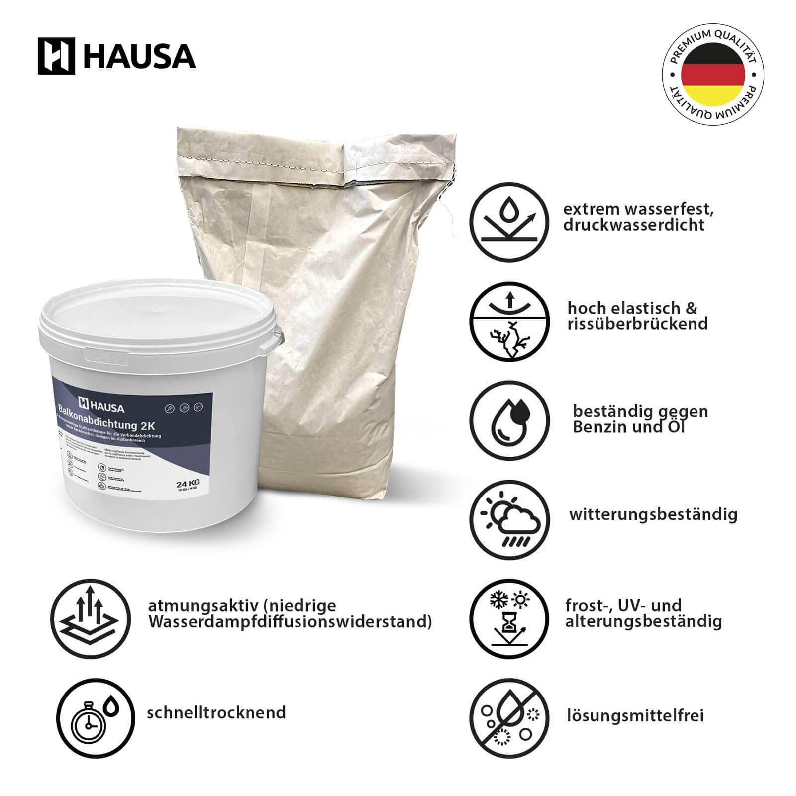 Hausa Balkonabdichtung 2K, 24kg flexible Dichtschlämme zur Abdichtung von Balkon, Terrasse, Bad, Dusche, Keller, Fundamente; Dichtungsmasse für Außenbereich, frost-, UV- und alterungsbeständig