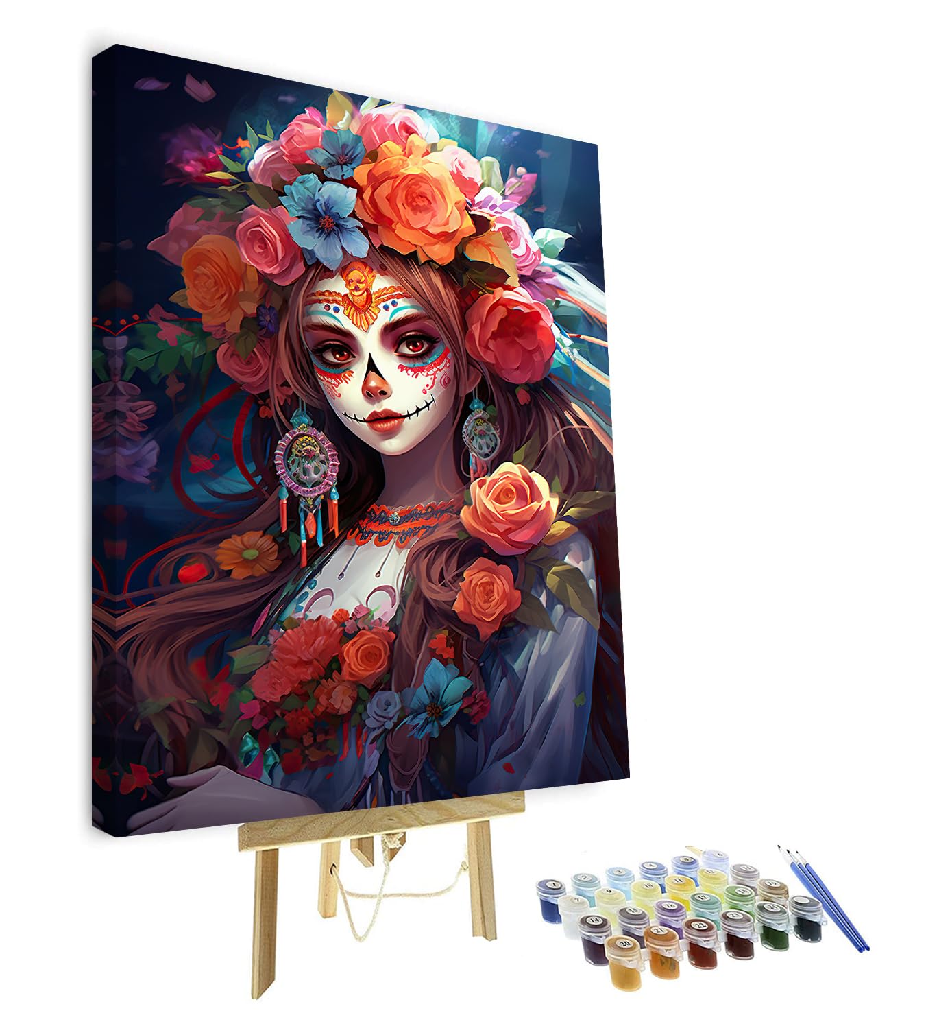 TISHIRON Day of The Dead Paint by Numbers for Adults - Girl With Sugar Skull Makeup DIY Anime Style Kit, 16x20 Inch With Frame for Home Decor