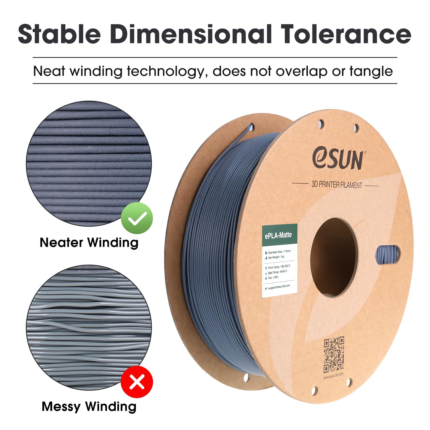 eSUN Filamento per Stampante 3D PLA Opaco Aggiornato, Filamento PLA Opaco da 1.75mm, 1 kg per bobina, 4 bobine per stampanti 3D, Nero ebano+Bianco crema+Grigio scuro+Rosso fuoco