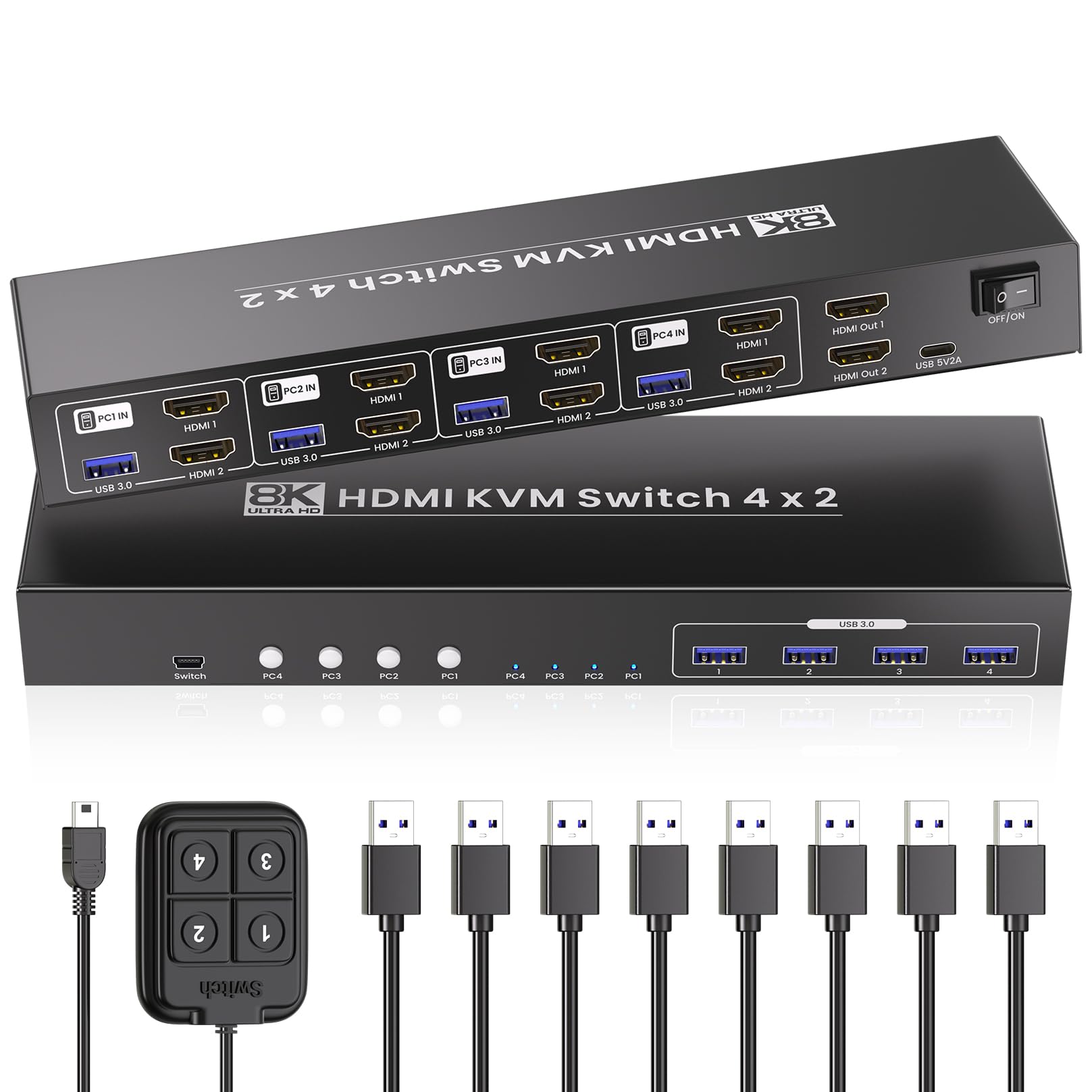 8K@60HZ 4K@120Hz HDMI KVM Switch 2 Monitors 4 Computers with 4 Port USB 3.0 Hub, 4 Port Dual Monitor HDMI KVM Switch for 4 Computers Share 1 Set of