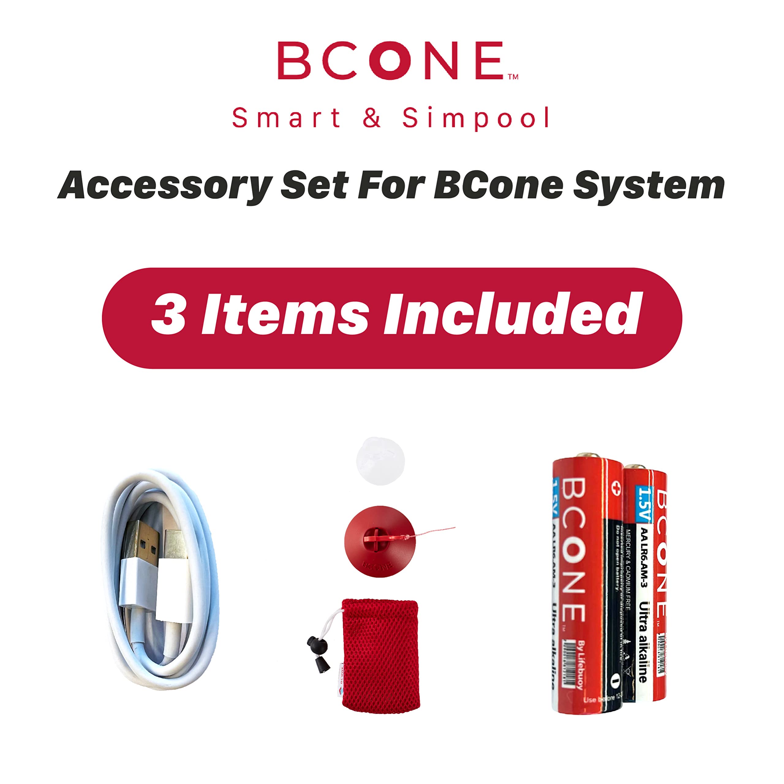 Lifebuoy Pièces d'origine pour système d'alarme de piscine BCone – Ensemble d'accessoires Bcone (câble USB + 2 batteries pour unité de piscine + kit de fixation pour unité de piscine)