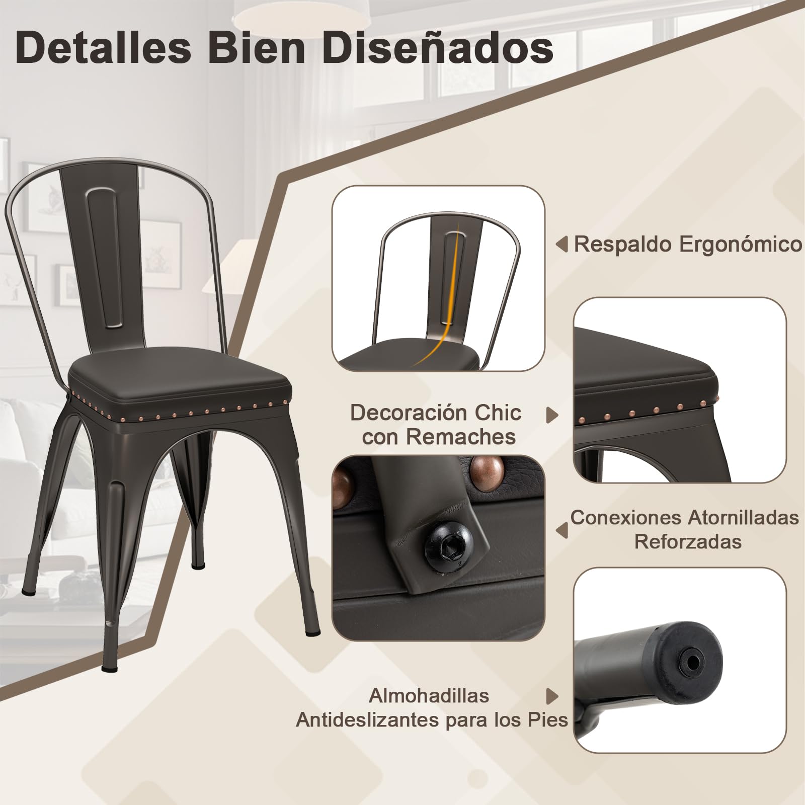 GIANTEX Juego de 4 Sillas de Comedor de Metal Apilables, Asiento Acolchado y Respaldo Desmontable, Carga hasta 150 kg, Sillas de Estilo Industrial para Restaurante, Cafetería, Bistró (Marrón)