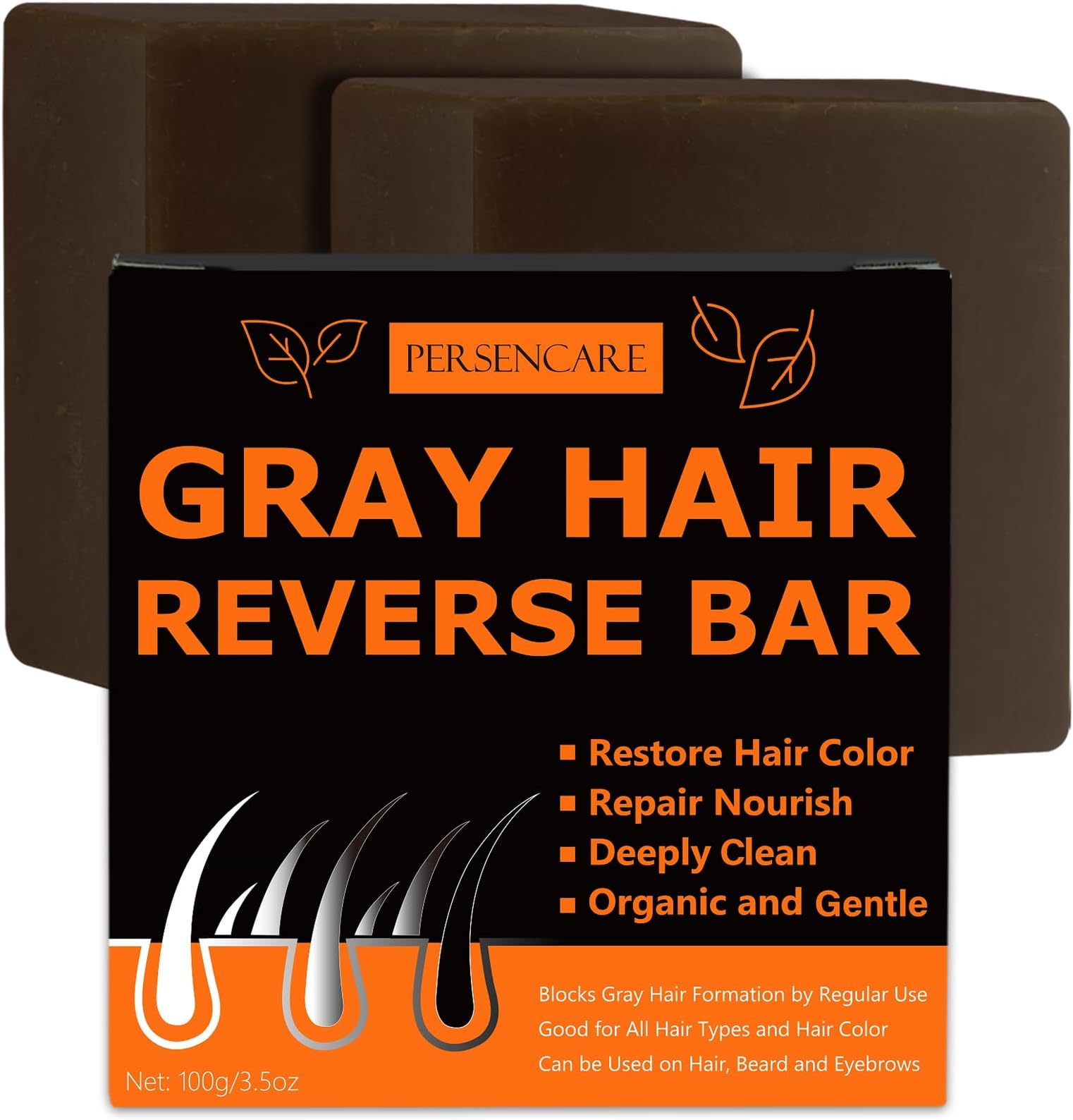 Natural Gray Hair Reverse Bar, Men & Women Bar Shampoo and Conditioner Cover Grey, Hair Thickening & Darkening Black Soap, for Reducing Thinning Hair Loss, Polygonum Castor Oil Bars 2 Pcs