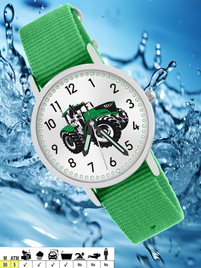 Geschenkset 5tlg. Kinder Armbanduhr Jungen Traktor Trecker grün 5ATM wasserdicht Sammelbox Geldbörse Analog Quarz 2tes Armband