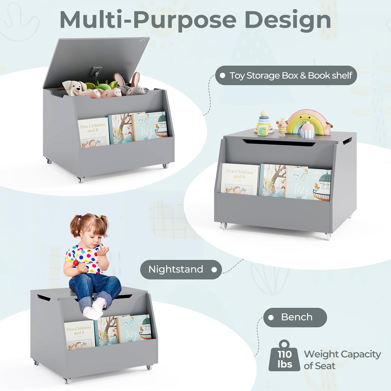 Costzon Kids Toy Box, Wooden Toy Storage Organizer for Girls Boys, Toy Storage Chest Bench for Toddler Room, Playroom, Bedroom, Living Room, Nursery (Classic, Gray)