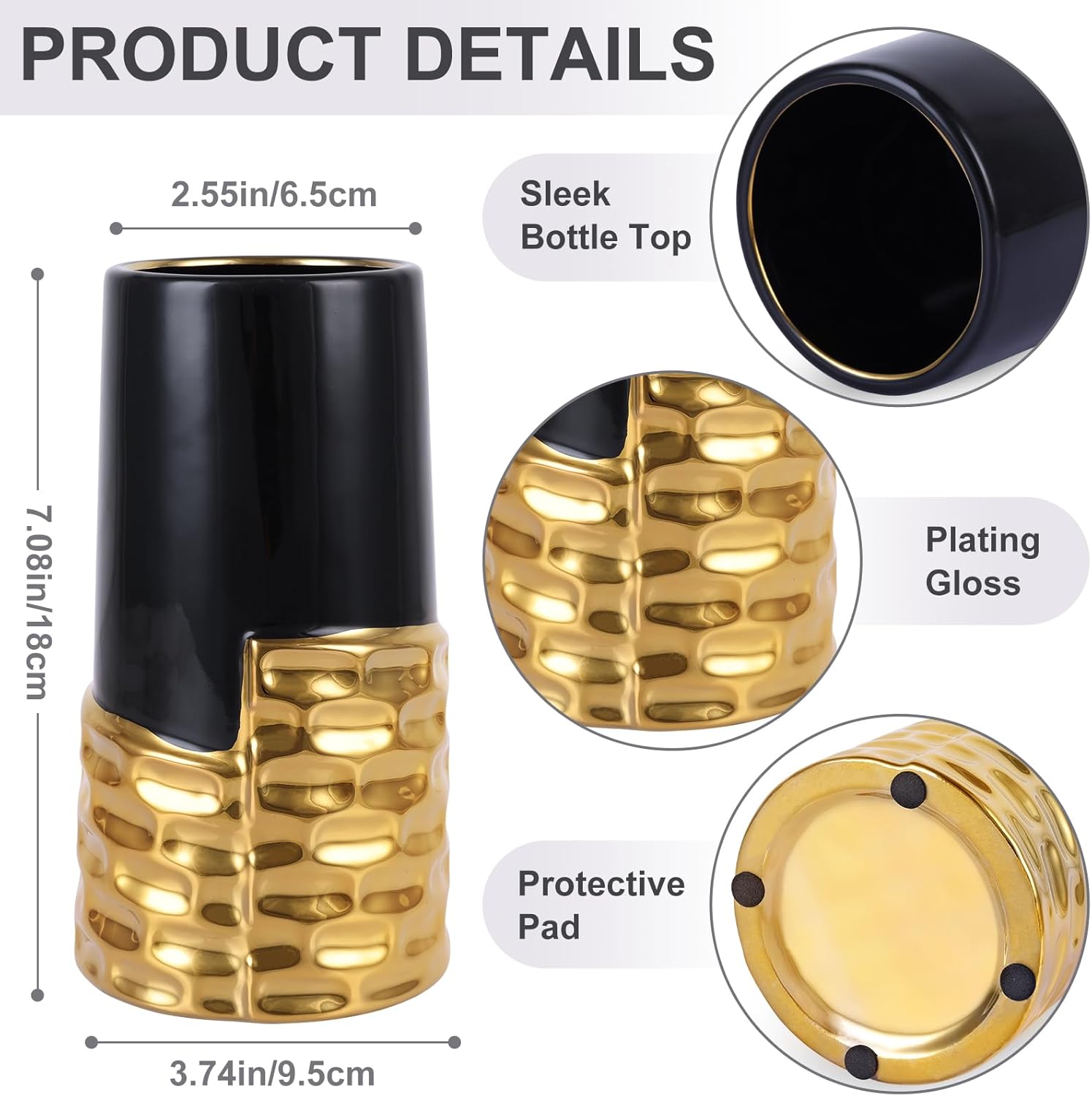 LCCCK 7.0" Gold Hammered Vase Home Decor, Elegant Ceramic Black and Gold Flower Vase for Pampas Grass Decorative, Boho Small Cylinder Vases Centerpiece, Dining Table Living Room Jarrones Art
