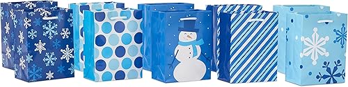 Hallmark Image Arts - Paquete de bolsa de regalo pequeña de 5 pulgadas (10 bolsas azules y blancas copos de nieve, rayas, muñecos de nieve, lunares)