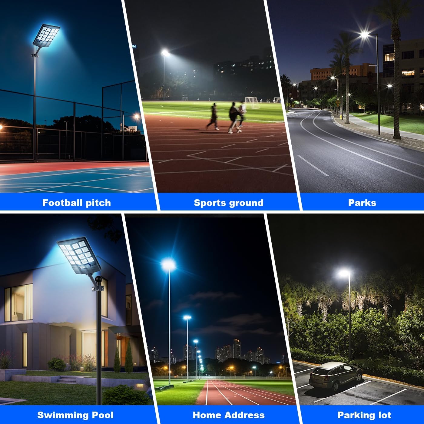 Various outdoor applications for the YACAISI Solar Street Light, such as football pitches, sports grounds, parks, and parking lots.