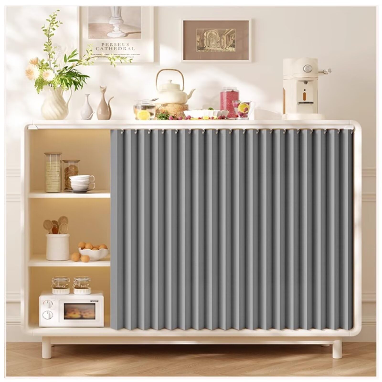 Regal Vorhang mit Gleitschiene zum Schieben W140 x H100cm Grau | Perfekt für offene Regale,Speisekammer,Waschküche und Wohnbereiche,sorgt für ein sauberes Erscheinungsbild.
