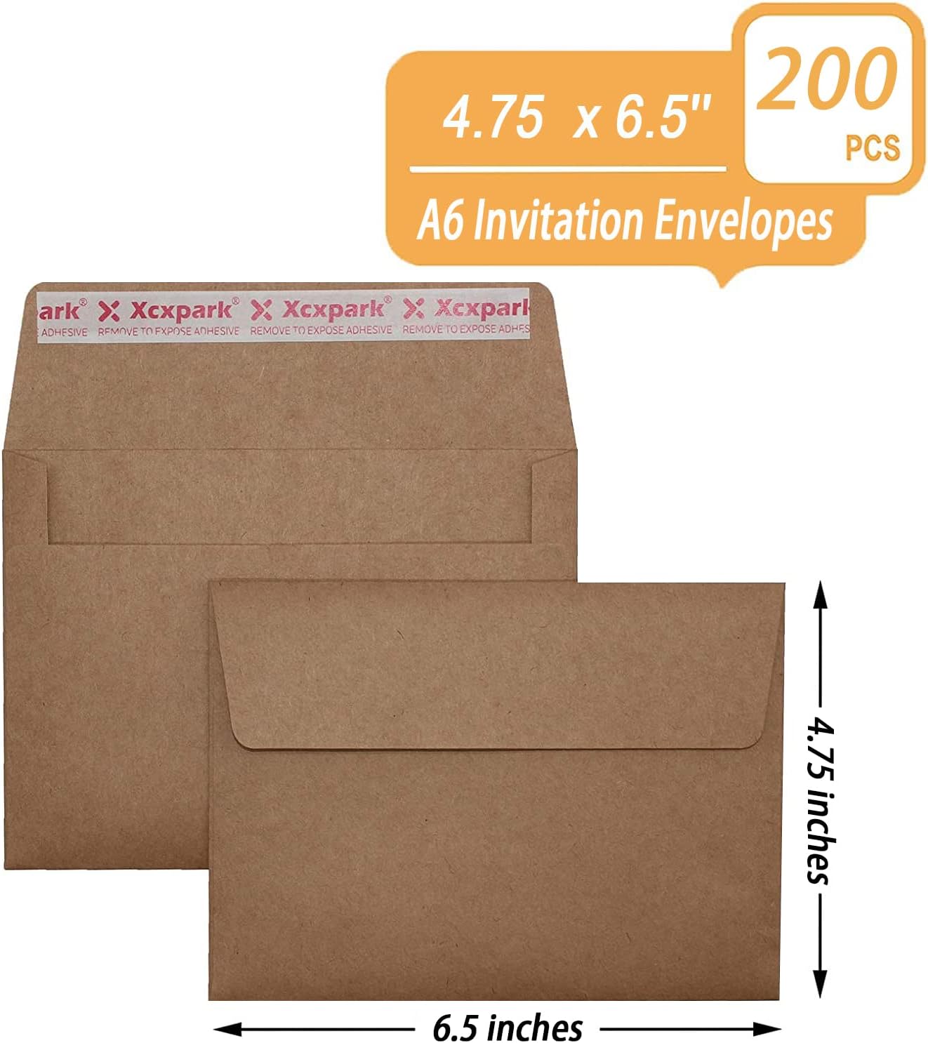 Xxcxpark 200 Qty Printable A6 Invitation Envelopes 4.75 x 6.5 Cards, Self Seal 120GSM Brown Paper Envelopes for Invitations, Papers, Photos, Documents, Wedding, Baby Shower, Easy to Seal and Peel