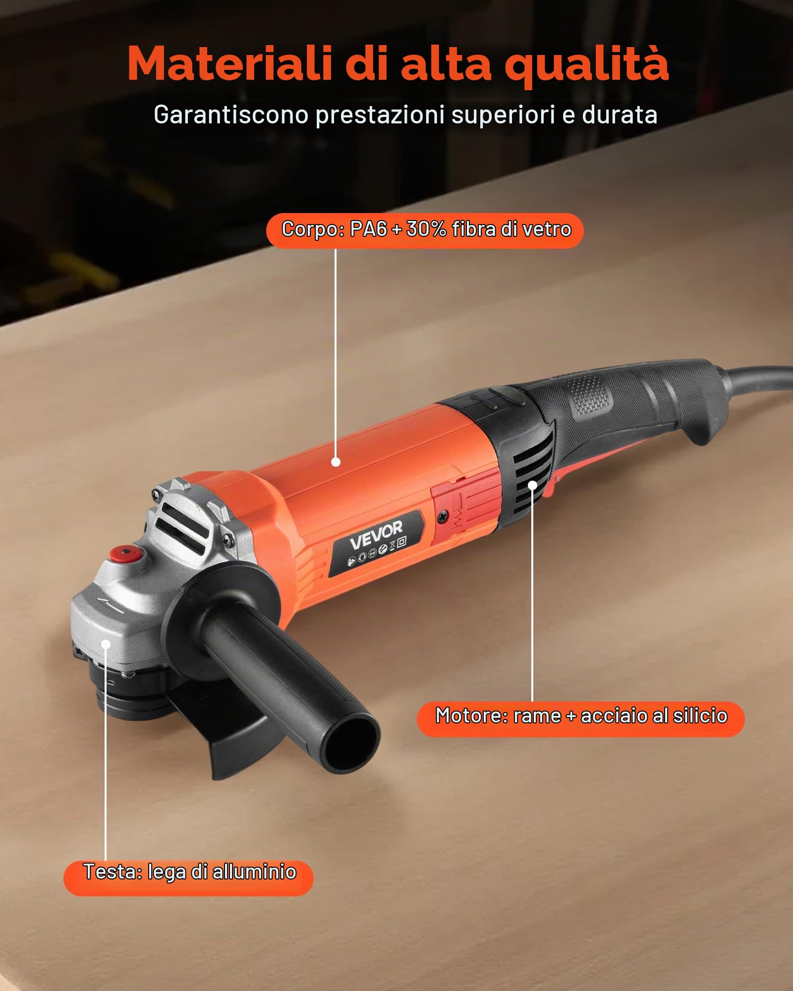 VEVOR Smerigliatrice Angolare, da 127 mm, con Cavo ad Alta Velocità 10,000 giri/min con Protezione Antipolvere Regolabile, Smerigliatrice Angolare per Levigatura di Metalli, Disco non Incluso