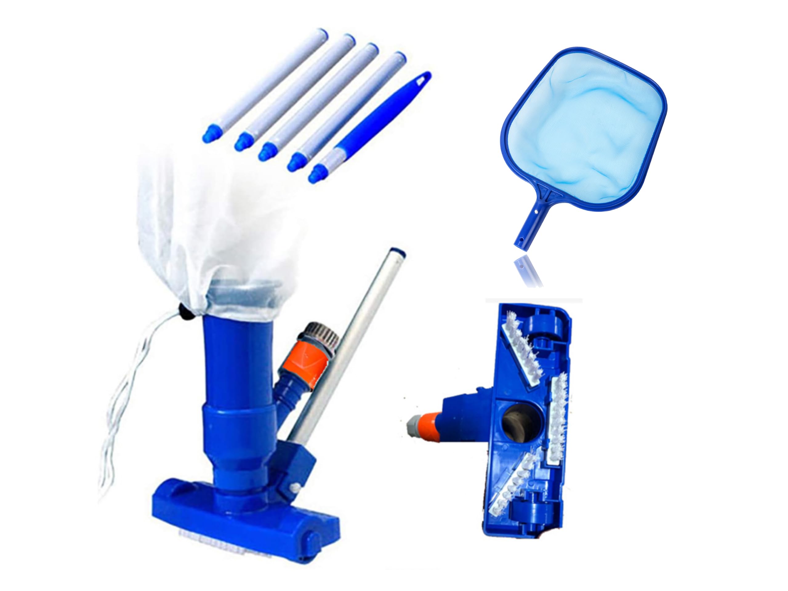 53IN Pool Vacuum Cleaner Head with 5 Detachable Intensify Aluminum Pole, Brush and Leaf Bag, Swimming Pool Vacuum Cleaner for Pond/Fountain/Aquarium/Hot Tub, With Pool Skimmer Net